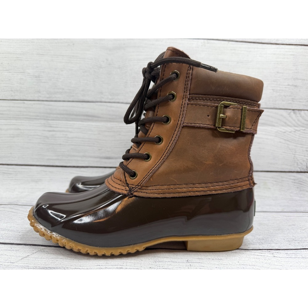 Bass Harlequin Duck Boots Brown Leather Rubber Waterproof Lace‎ Up Buckle Size 7